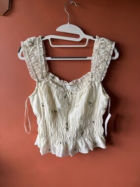 Vici Cream Smocked Tank with Subtle Green Floral Embroidery